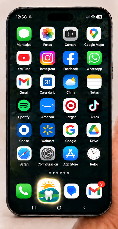 Dental mobile app icon installed on a Spanish-language patient's phone Home Screen.