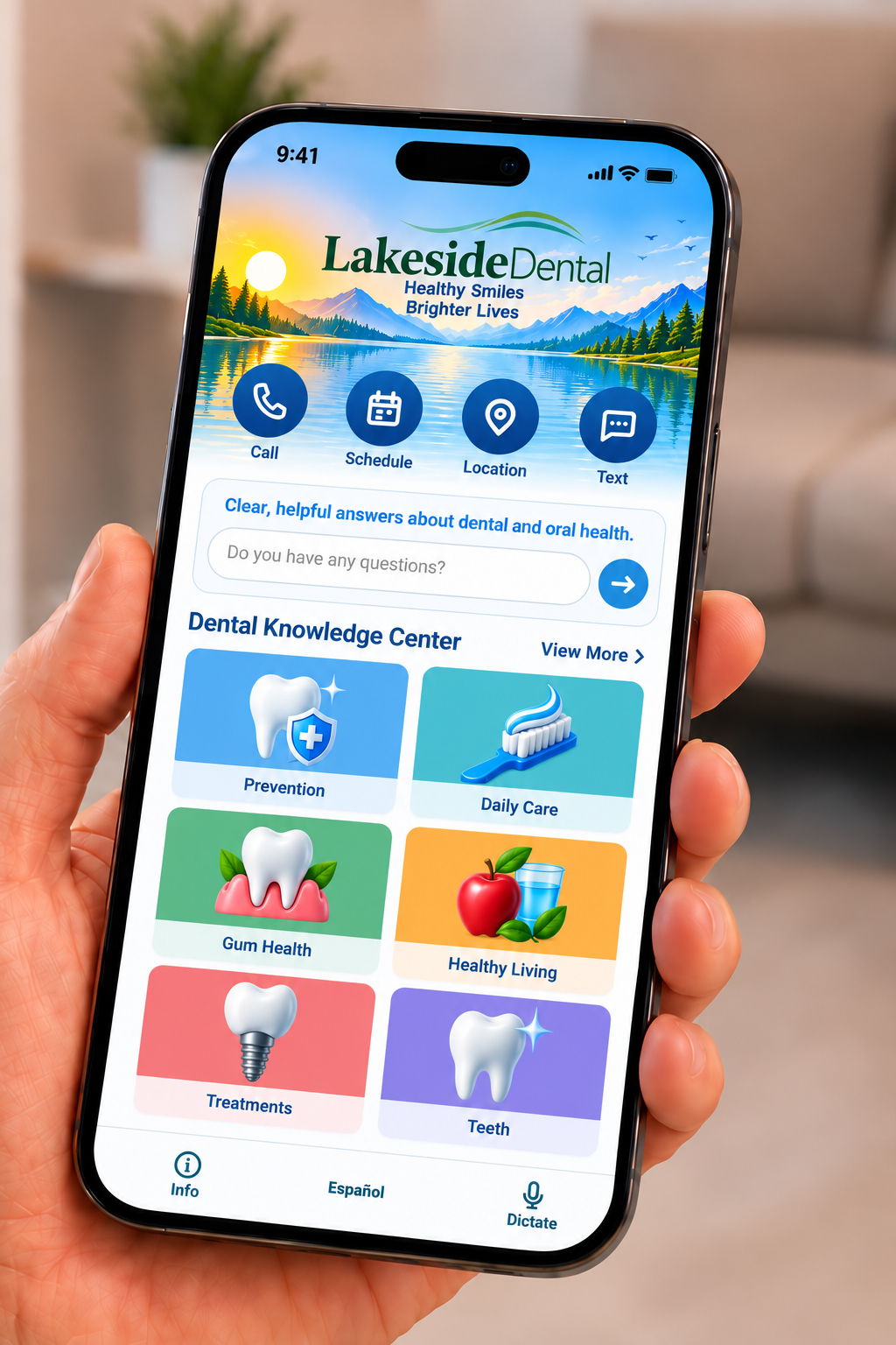Lakeside Dental branded mobile app Home Screen.