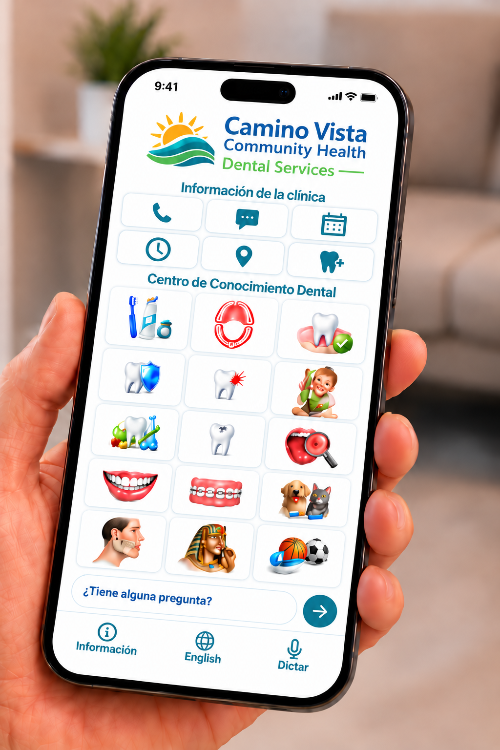 Camino Vista Community Health Center branded dental mobile app Home Screen.