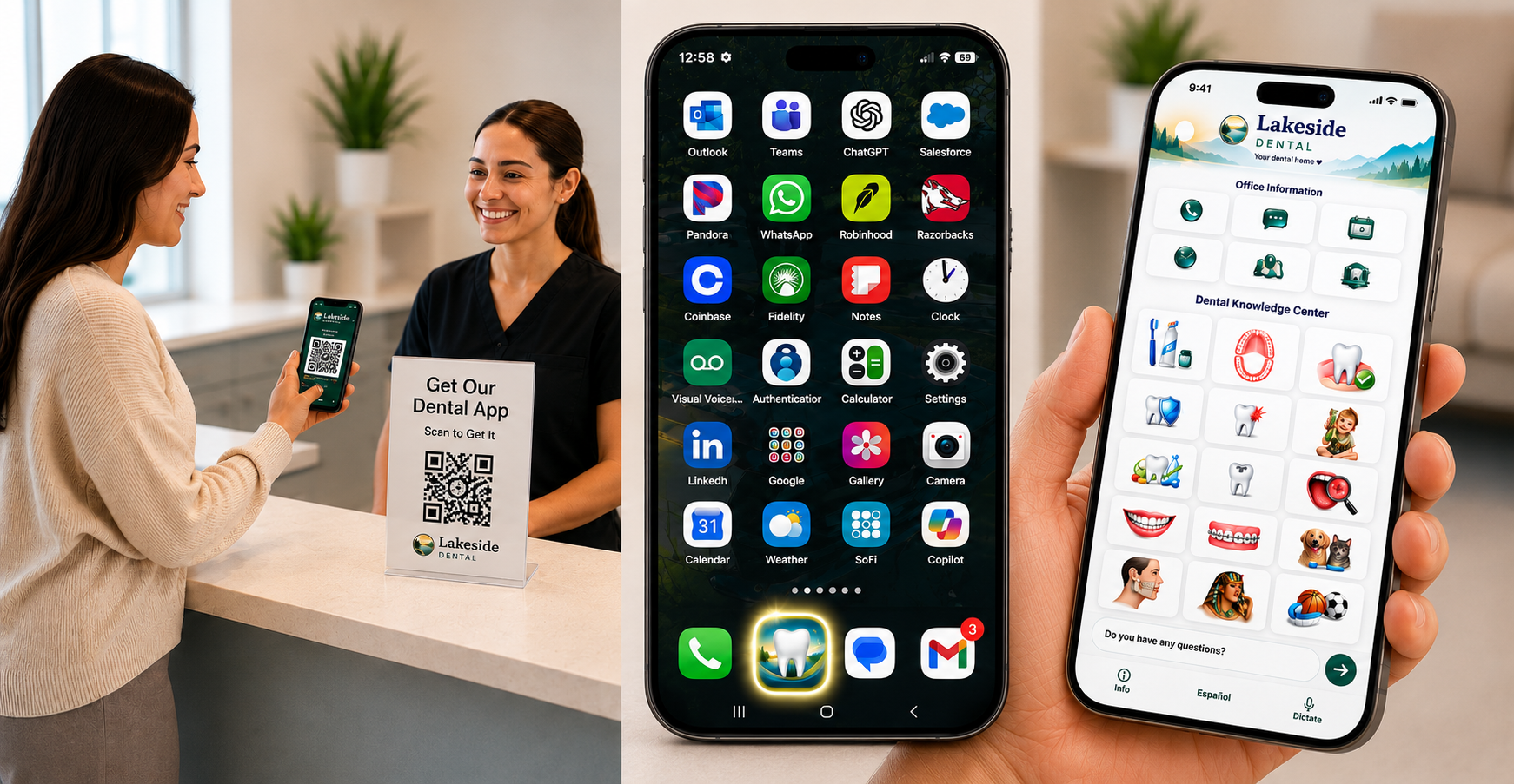 A patient scans a QR code at dental check-in, receives the dental mobile app on the phone Home Screen, and opens the Lakeside Dental demo app.
